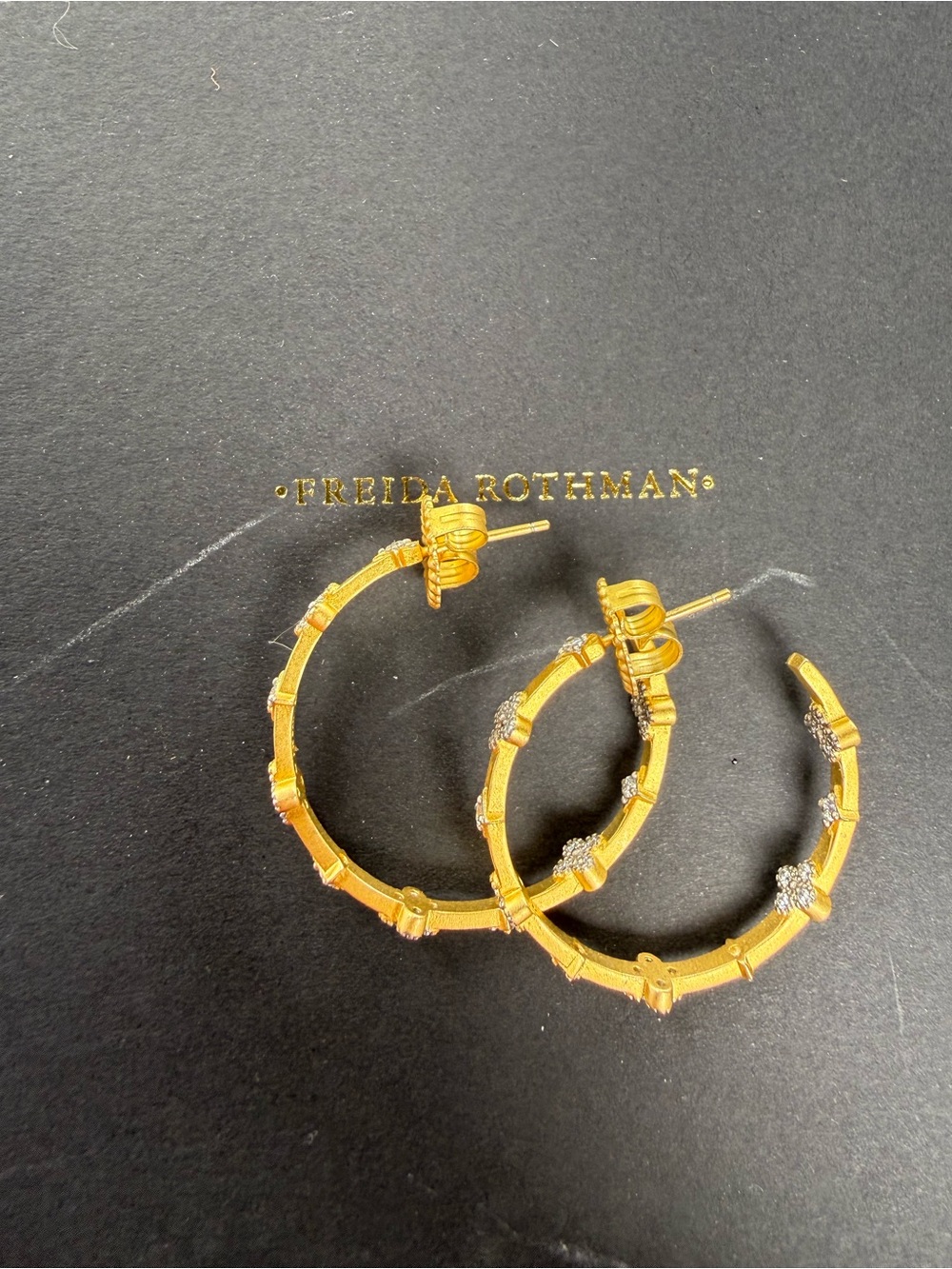 New in Box Freida Rothman 925 Sterling Celestial Clover Station Hoop Earrings - Picture 2 of 7